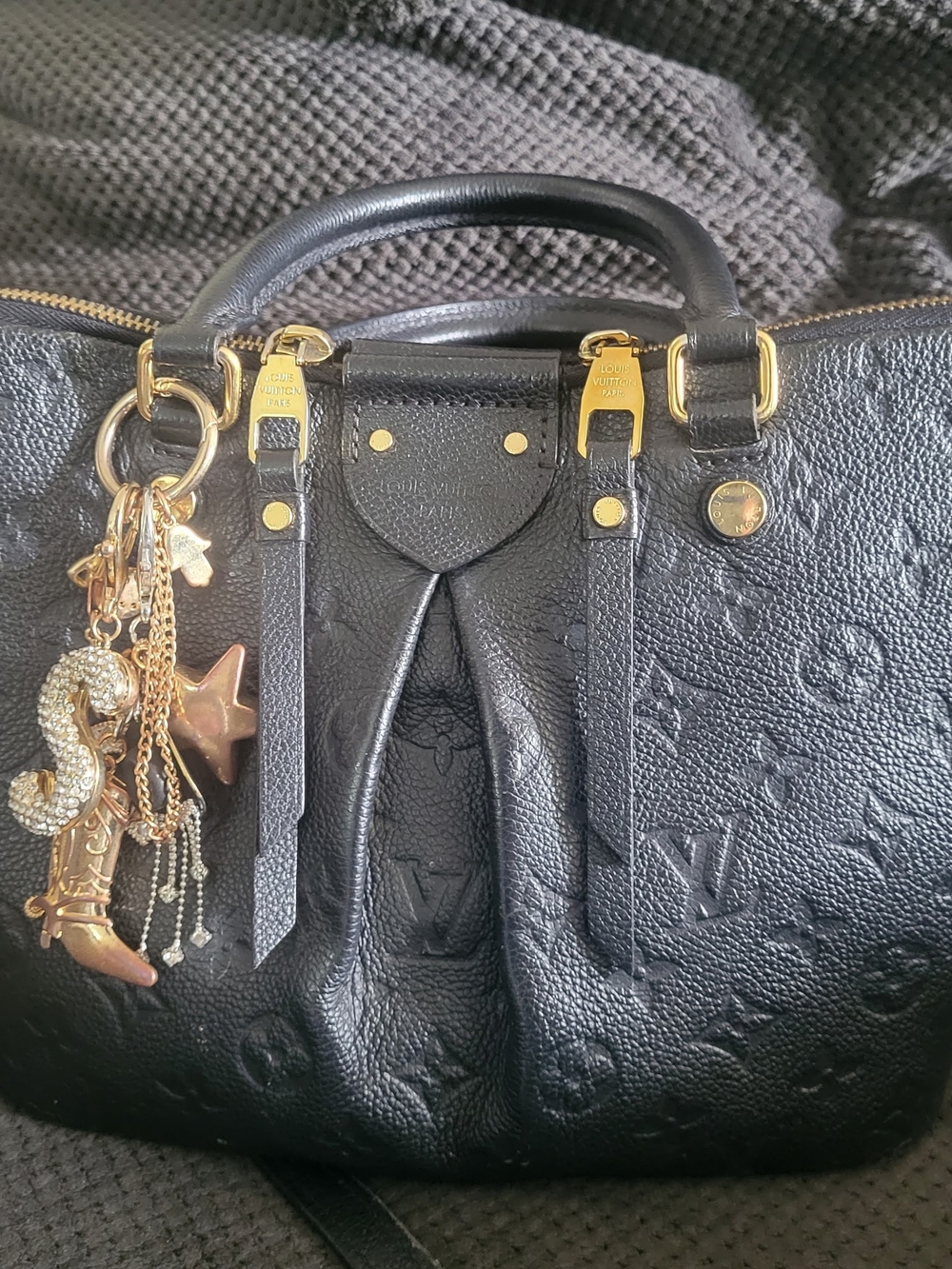 Louis Vuitton Black Embossed Monogram Satchel with Gold Hardware